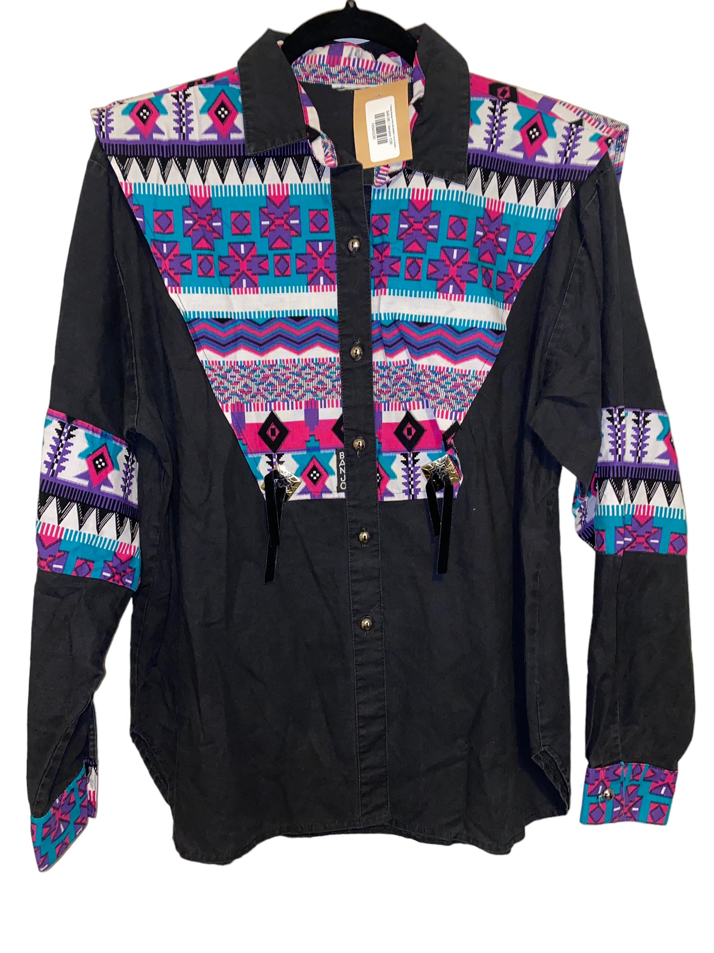Vintage Navajo Print Bib Button Up w Square Conches