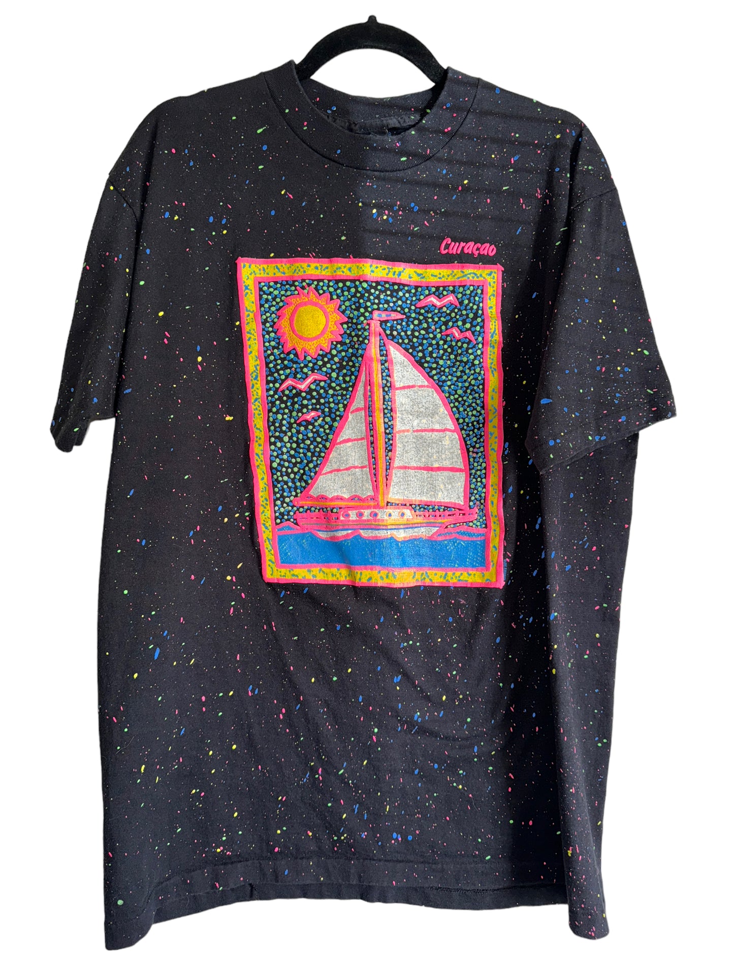 Vintage Curacao Shirt Neon Sail Boat AOP Splatter Print