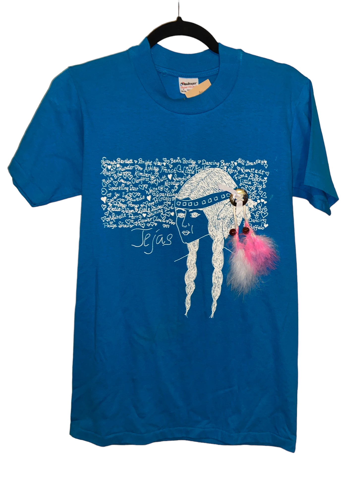Vintage Tejas Shirt w Names Native Woman w Conch and Feathers