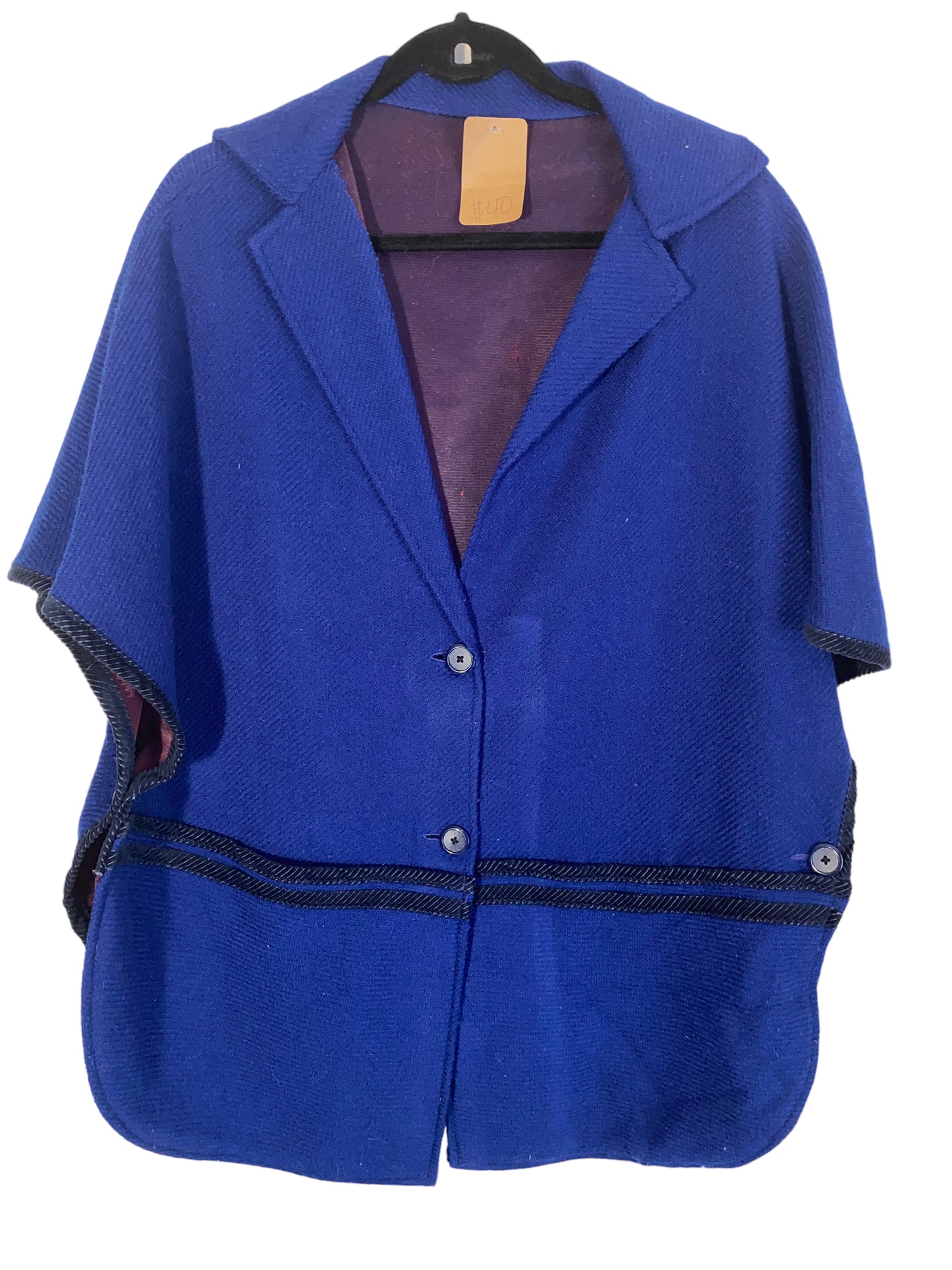 Vintage Womens Poncho with Lapels and Black Trim