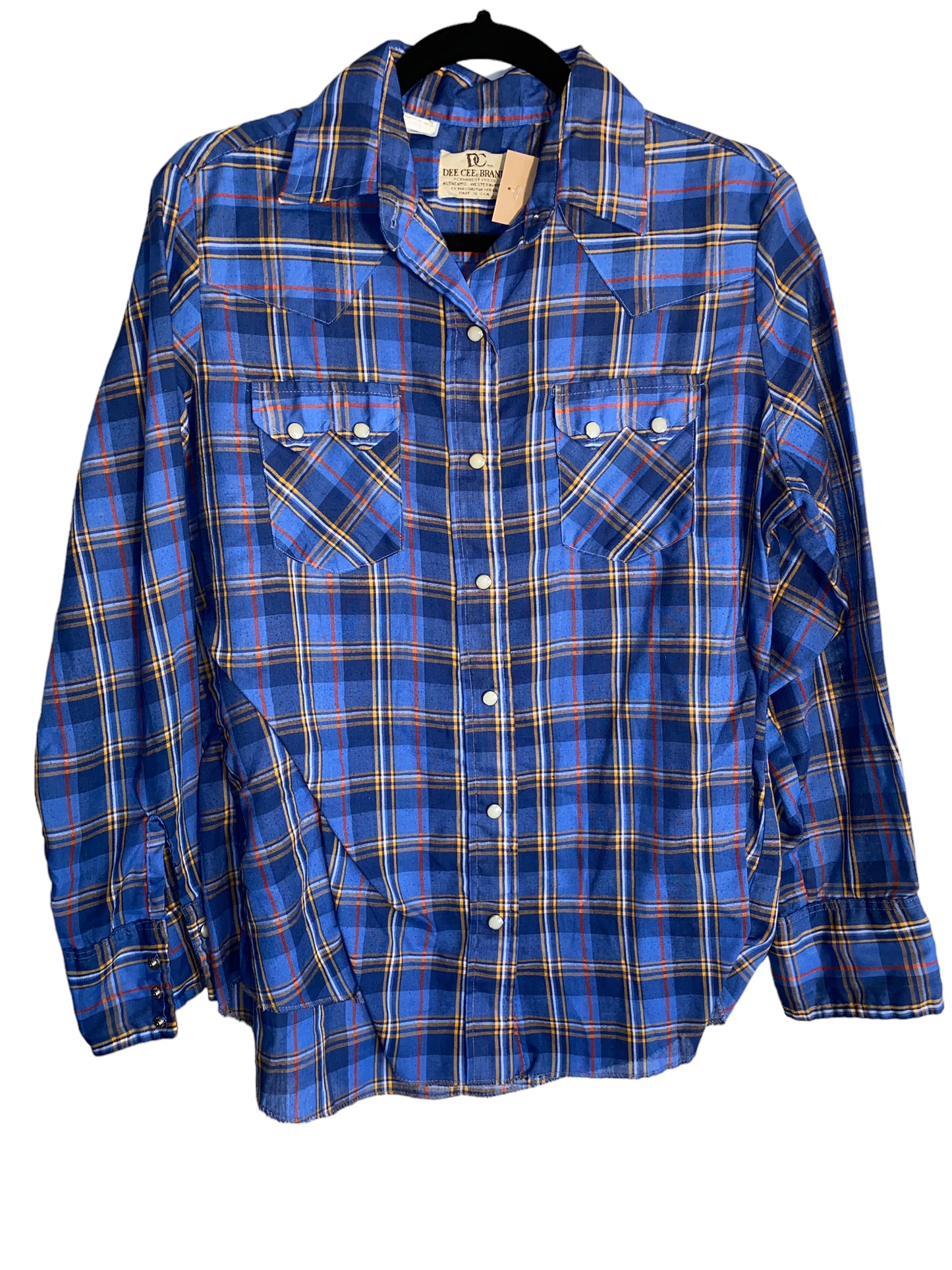 Vintage Dee Cee Brand Blue Plaid Sawtooth Pocket Pearl Snap