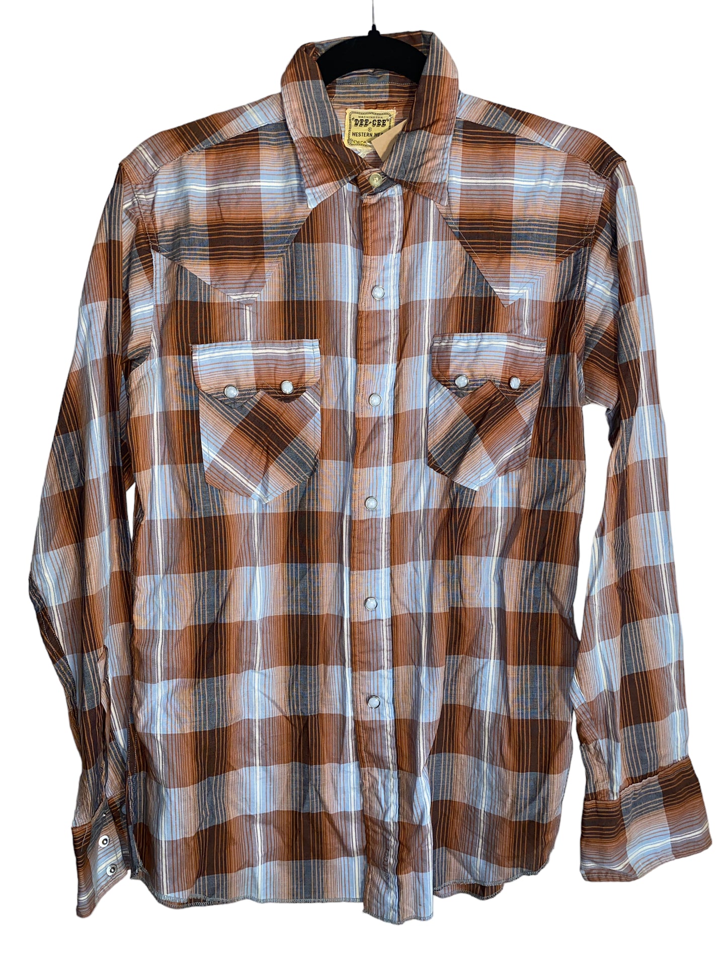 Vintage DeeCee Brand Brown Plaid Pearl Snap w Sawtooth Pockets