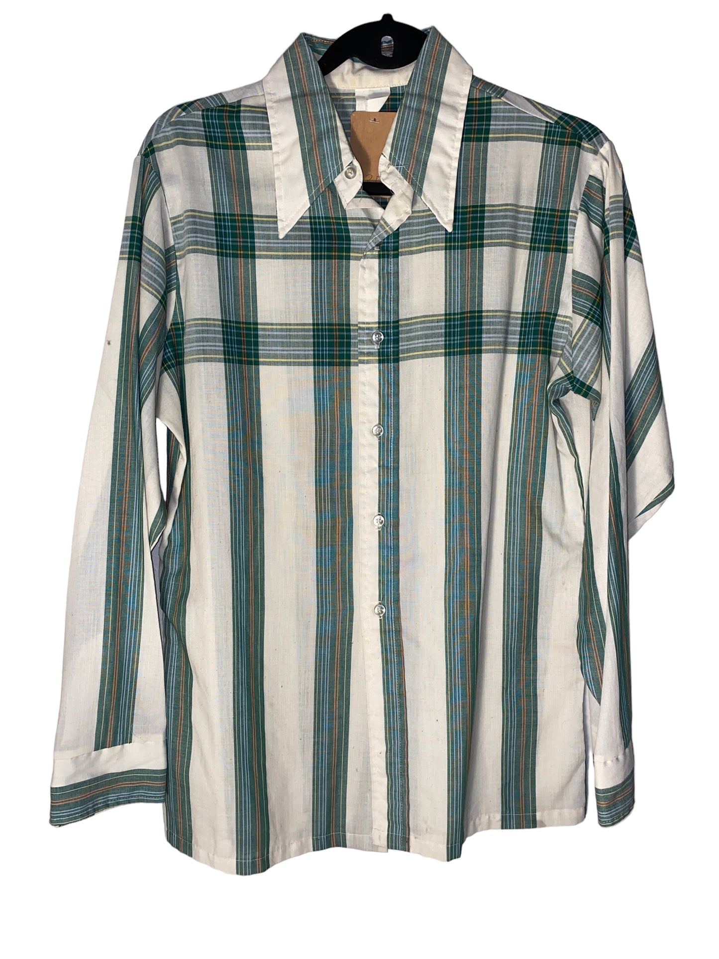 Vintage 1970s Green Plaid Button Up Wide Lapel Shirt