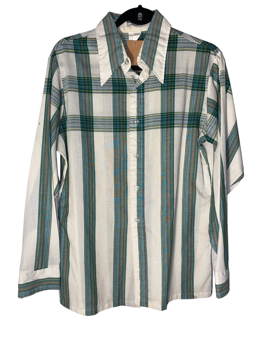 Vintage 1970s Green Plaid Button Up Wide Lapel Shirt