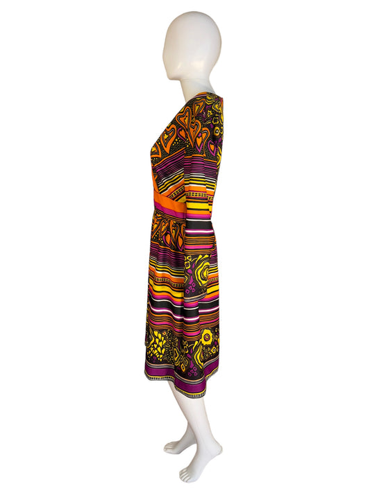 Vintage Psychedelic Dress 1970s V Neck Dress by Sears Fashions