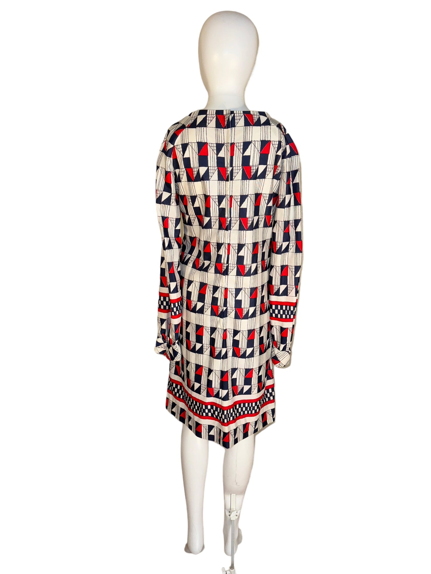 Vintage 1960s Geometric Print Dress Long Sleeve Midi All Over Print