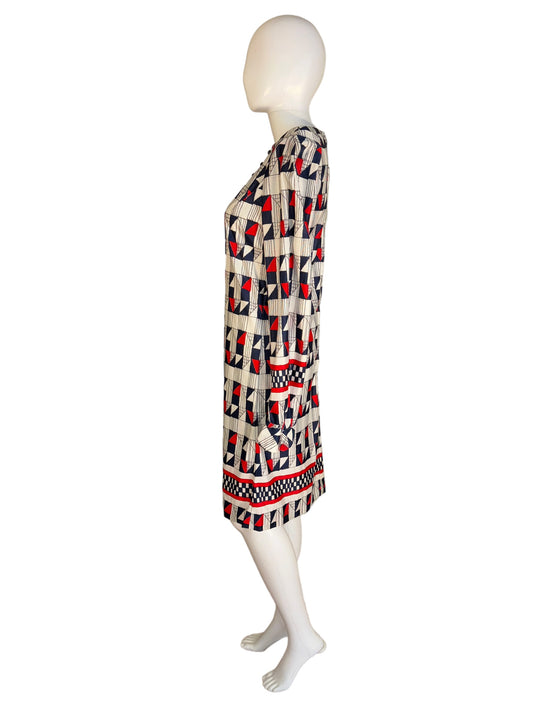 Vintage 1960s Geometric Print Dress Long Sleeve Midi All Over Print