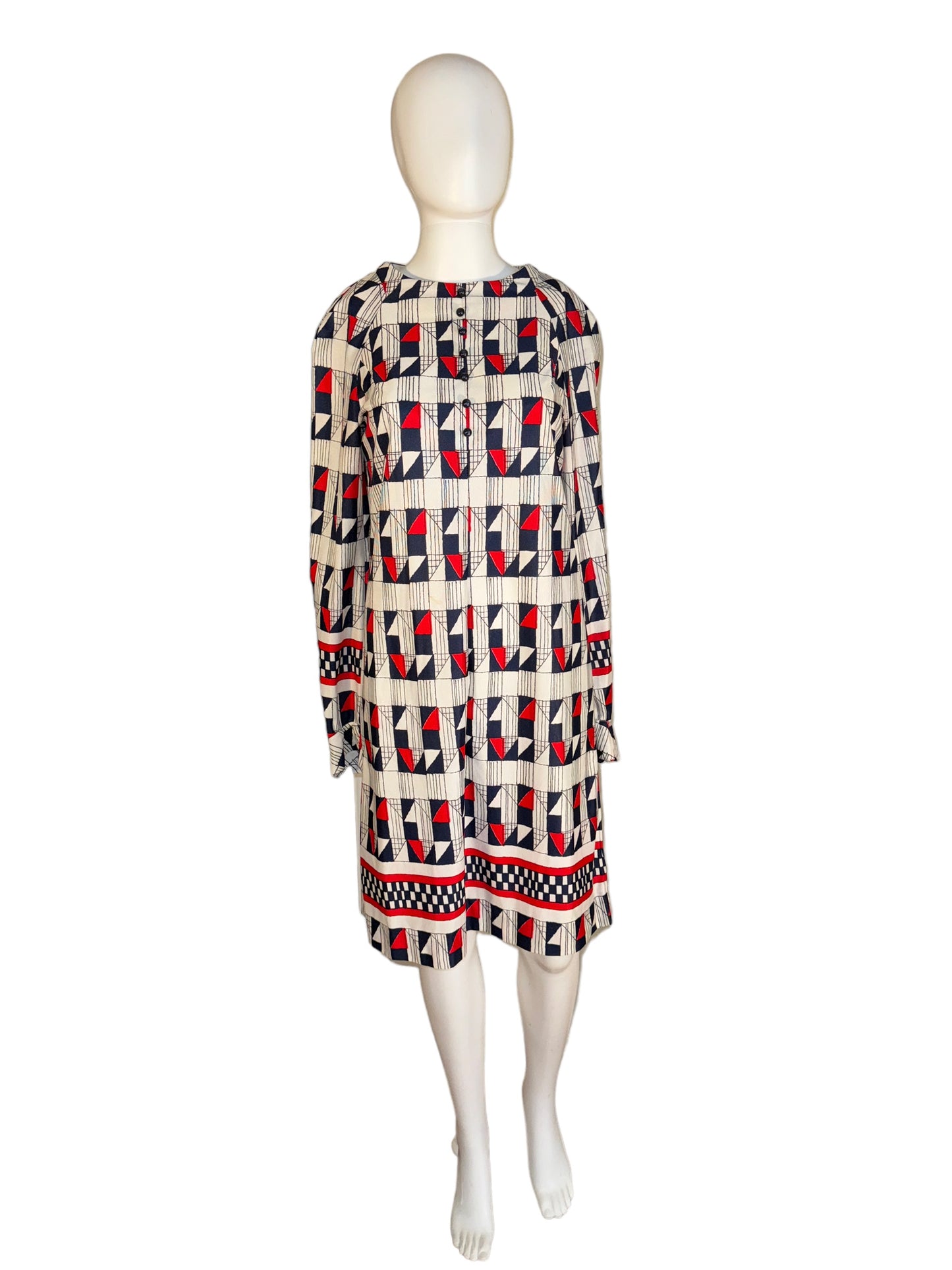 Vintage 1960s Geometric Print Dress Long Sleeve Midi All Over Print