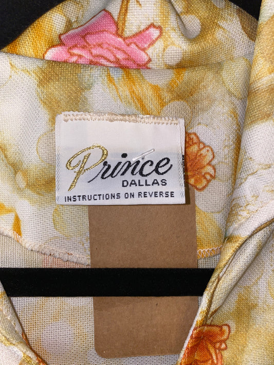 1970s Prince of Dallas Watercolor Flowers V Neck Long Sleeve