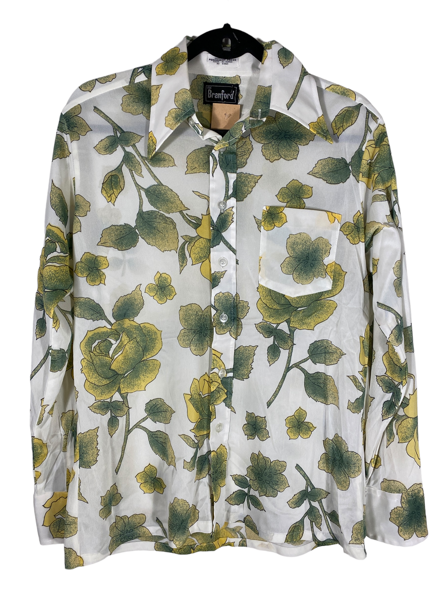 1970s Wide Lapel Button Up w Roses and Vines