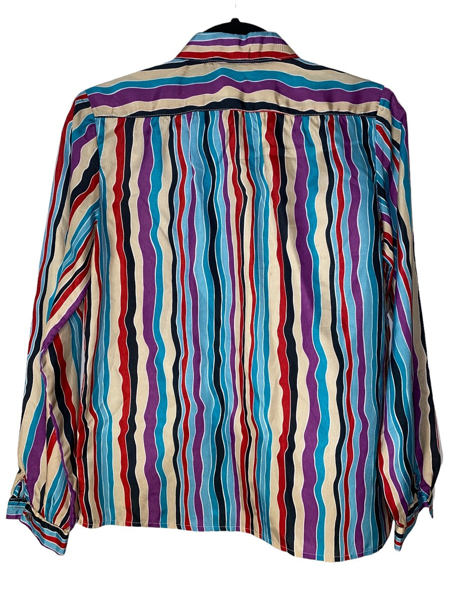 1970s Rainbow Stripe Pussybow Button Up by Mr Andor of California