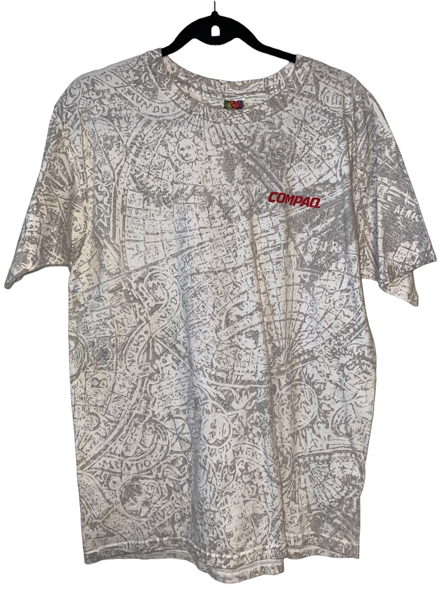 Compaq Computers All Over Print Shirt Latin Globe Script 1990s