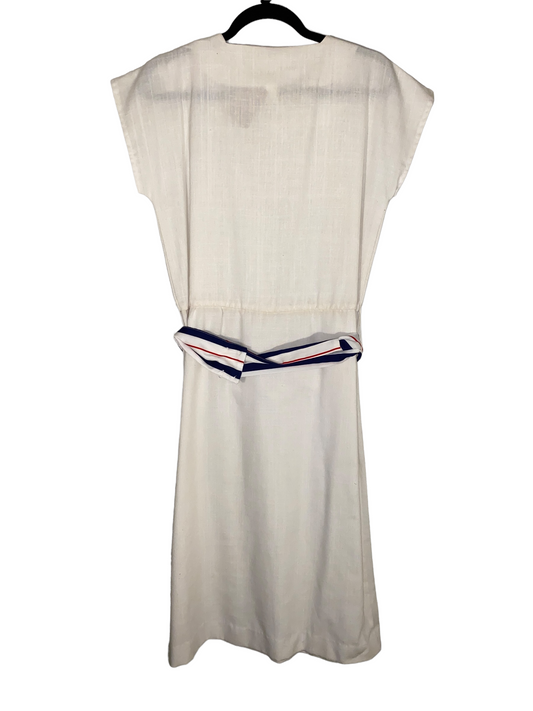 1970s Square Neck Linen Dress w Red White and Blue Sash Belt (XL)