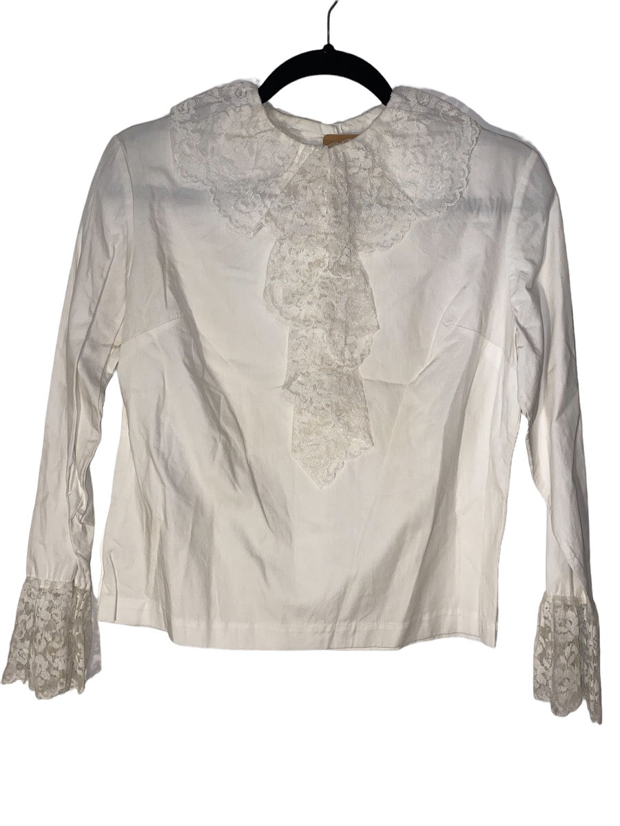 Lace Collar Faux Linen Button Up