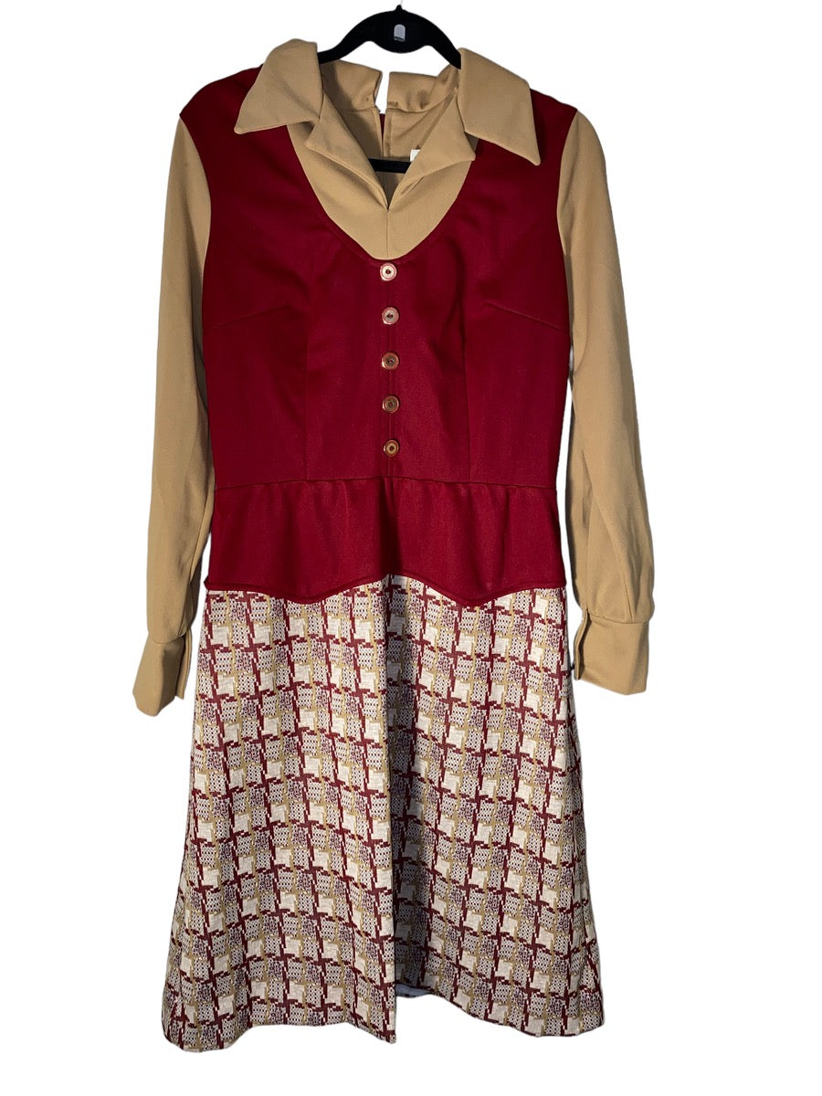 1970s Funky Shift Dress w Faux Vest