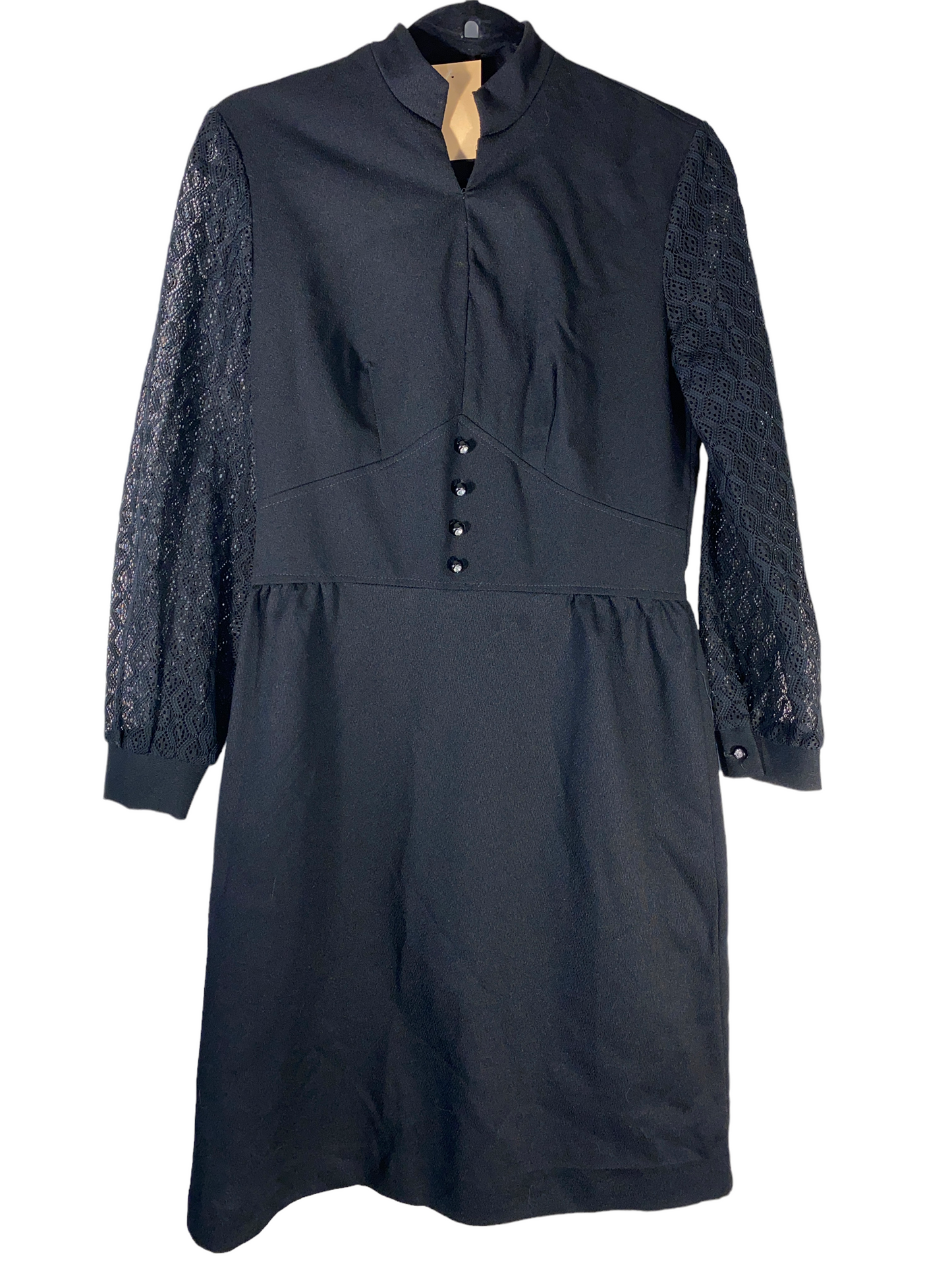 1970s Black Midi Dress With Sheer Lace Sleeves