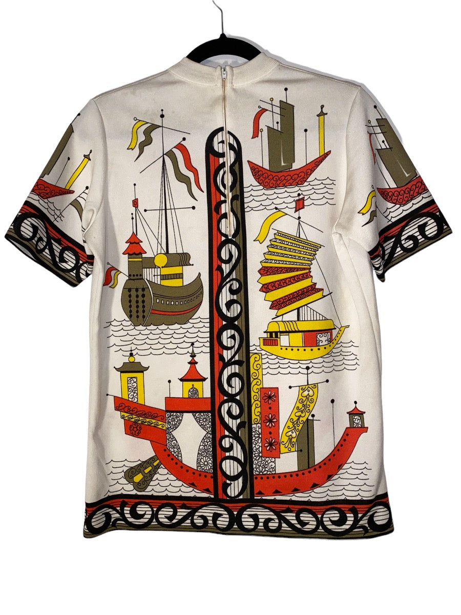 1960s Cartoon Ships Mock Turtleneck Top