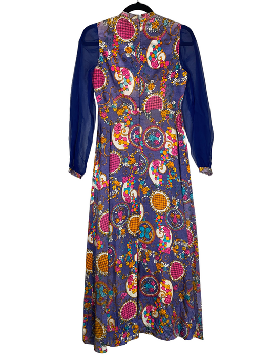 Online Exclusive 1960s Psychedelic Maxi Dress w Sheer Sleeves