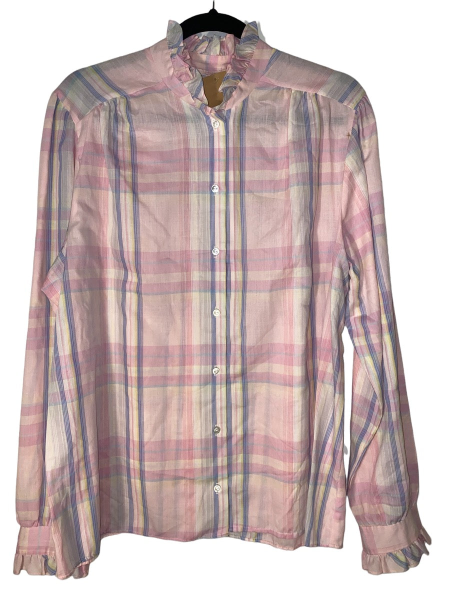Pink Plaid Ruffle High Collar Button Up