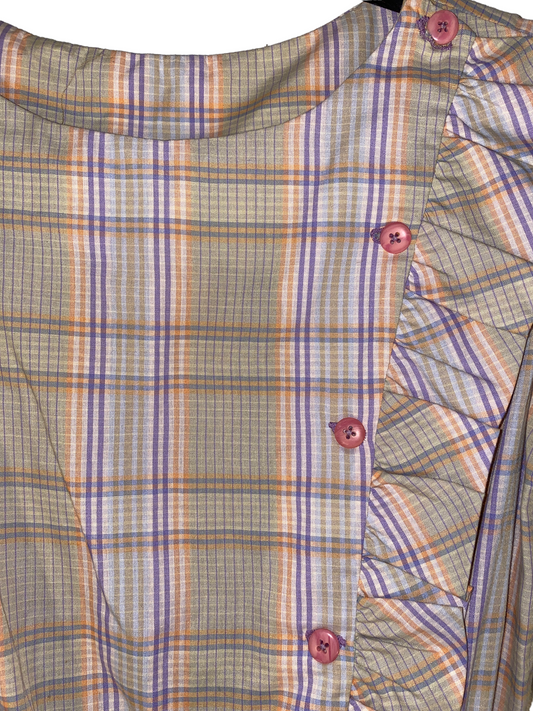 1970s Plaid Prairie Dress With Frill Trim