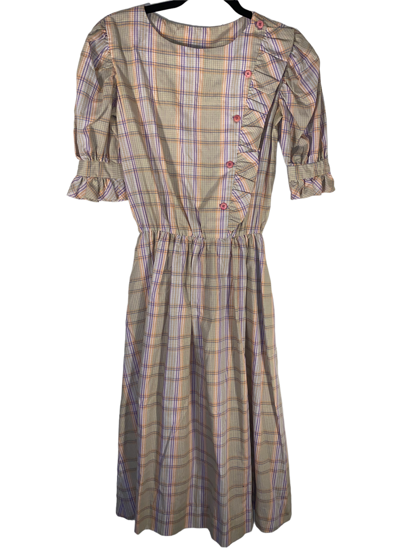 1970s Plaid Prairie Dress With Frill Trim