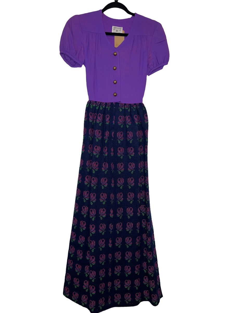 1970's Puff Sleeve Maxi Dress with Dot Print Rose Pattern by PBJ