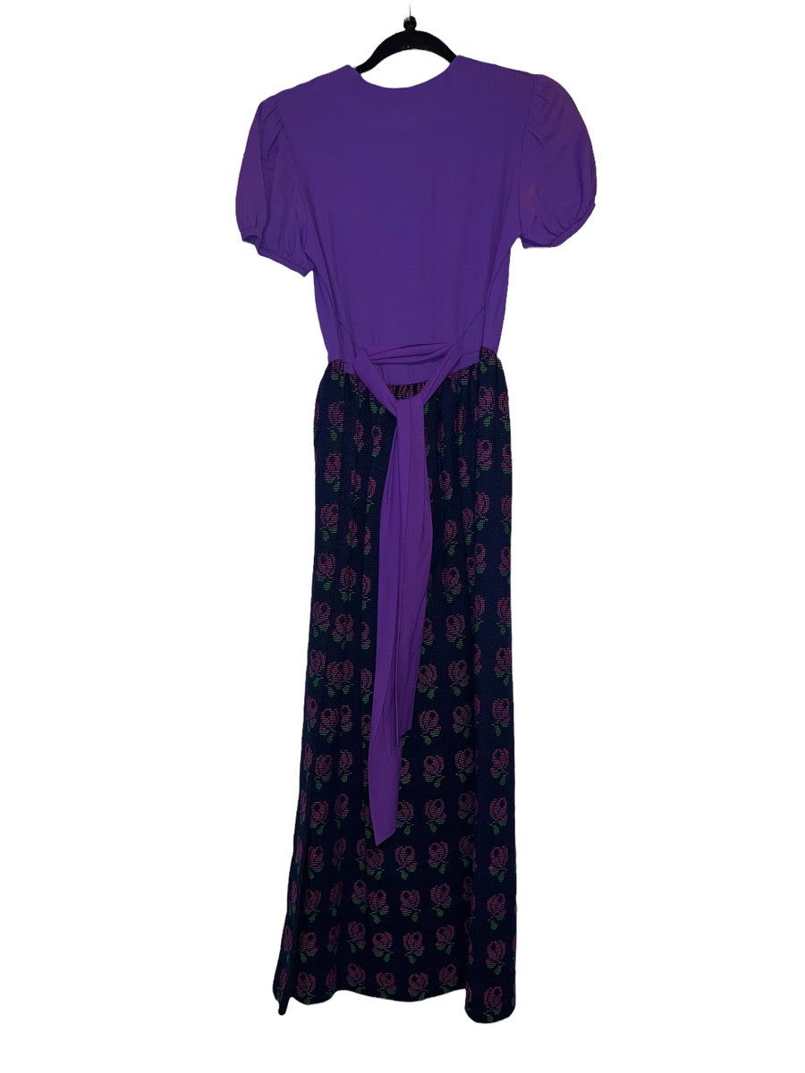 1970's Puff Sleeve Maxi Dress with Dot Print Rose Pattern by PBJ