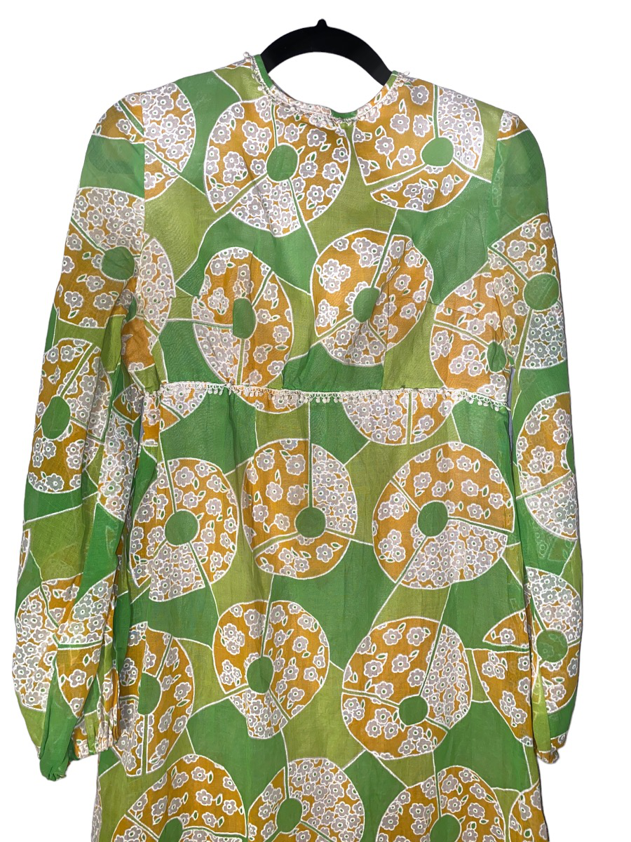 1960s Psychedelic Print Maxi Dress w Bell Sleeves