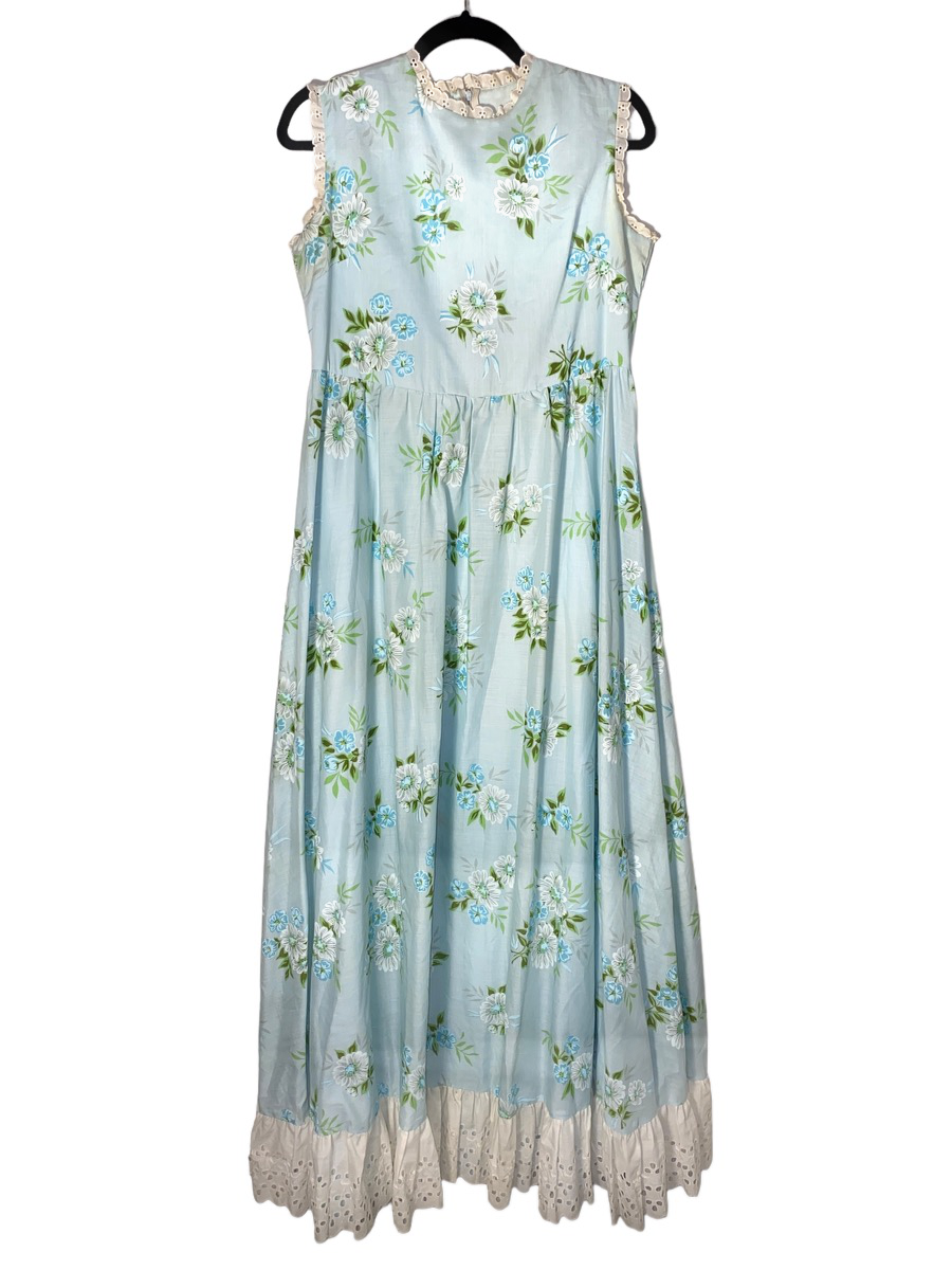 1970s Floral Sleeveless Maxi w Swiss Hole Lace Trim