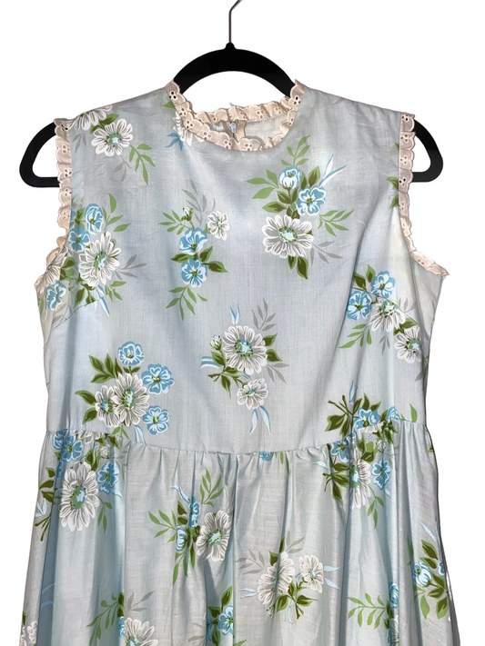 1970s Floral Sleeveless Maxi w Swiss Hole Lace Trim