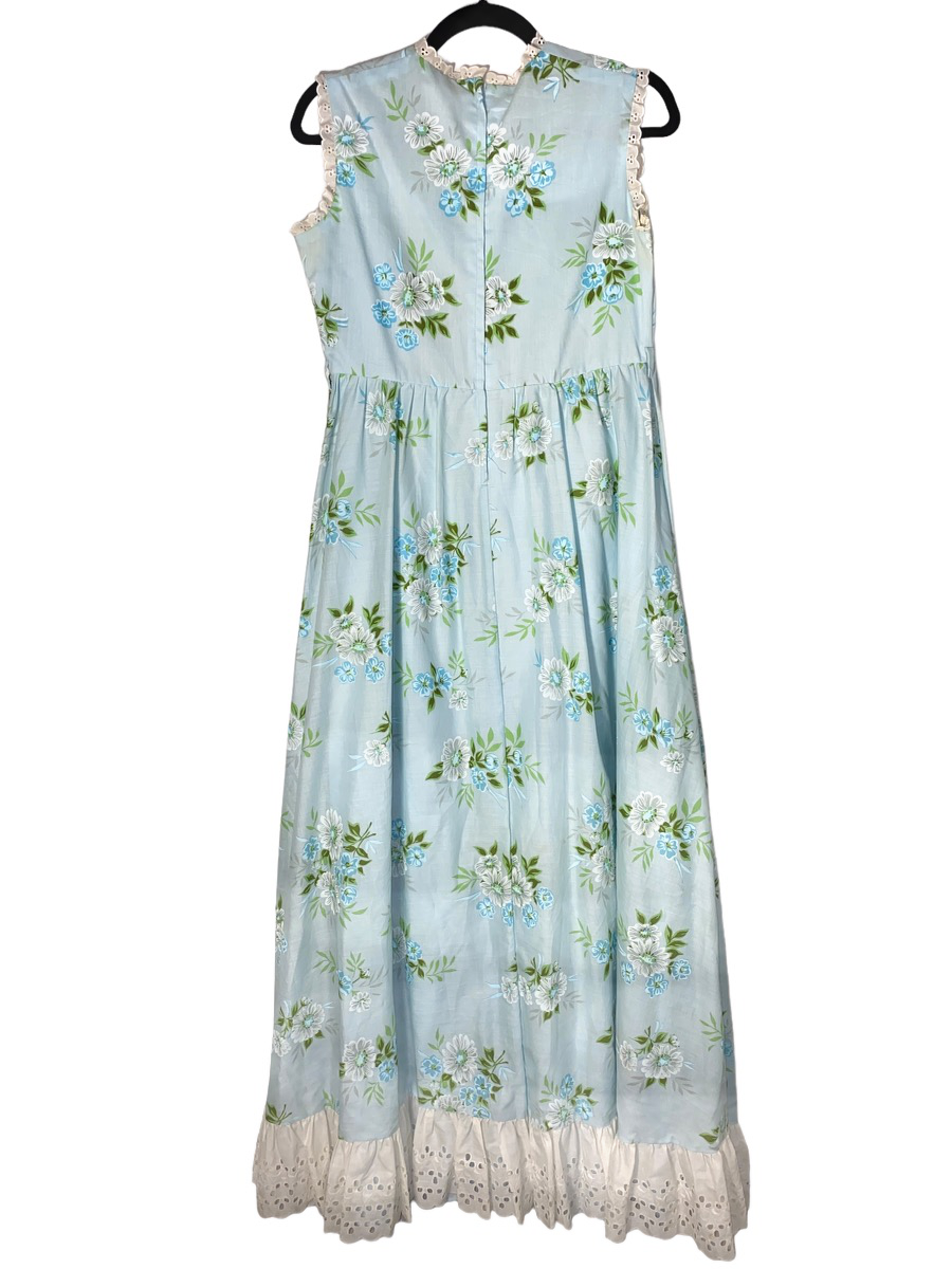 1970s Floral Sleeveless Maxi w Swiss Hole Lace Trim