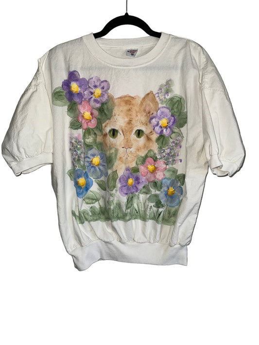 Vintage Cat in Flowers Hand Painted Banded Top