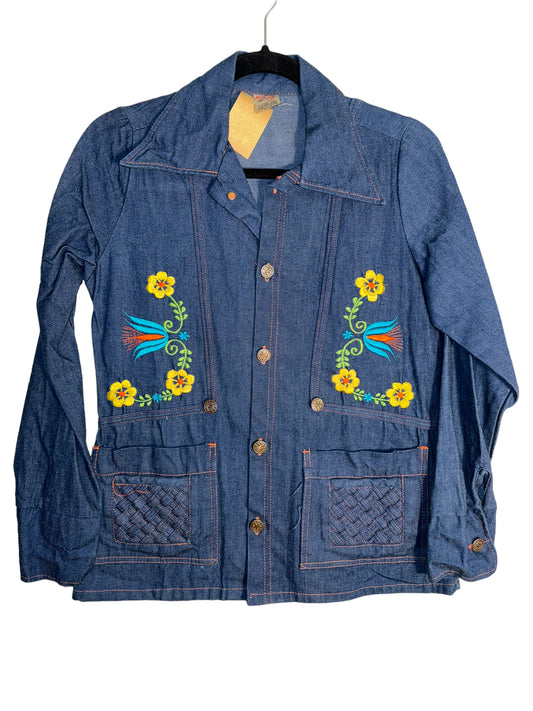Vintage Denim Shacket 1970s Wide Lapel Embroidered by Lila's