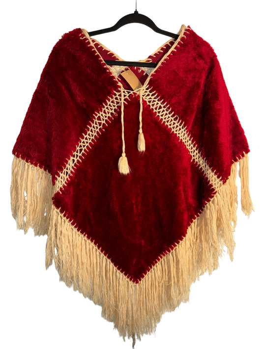 Vintage Shag Poncho Red Crochet 1970s