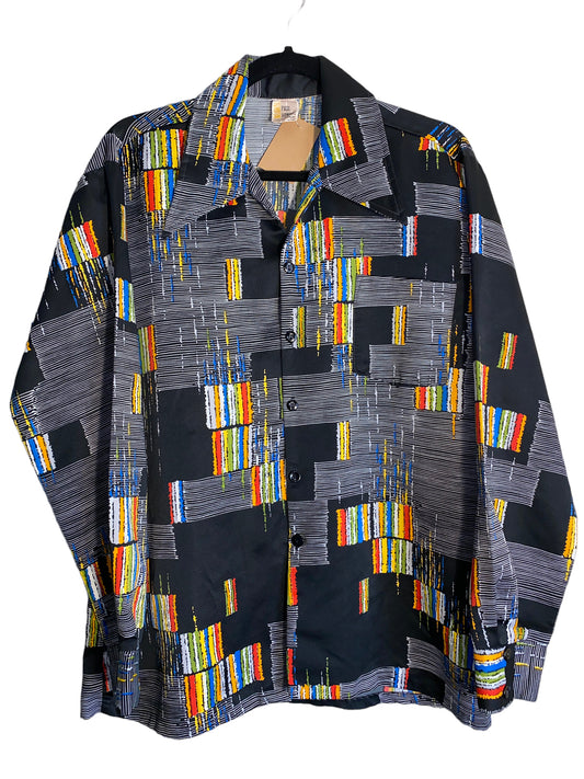 Vintage Wide Lapel Button Up 1970s Color Block All Over Print