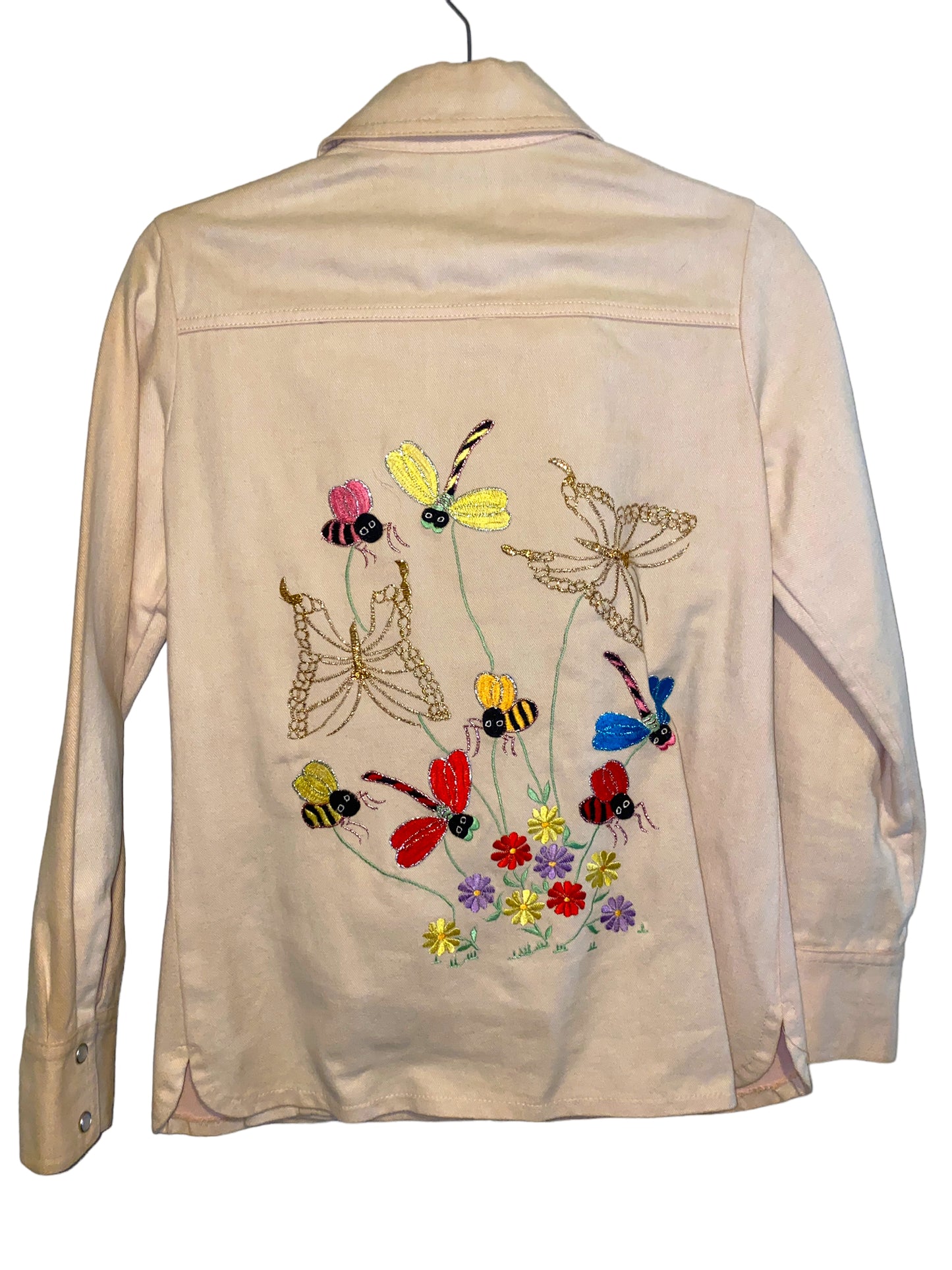 Vintage 1970s Pearl Snap Denim Suit Set Embroidered Bell Bottom