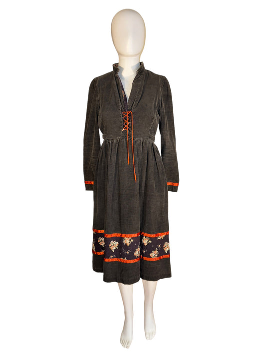 Vintage Hippie Dress by Trivia Corduroy Dress Midi Deep V 1970s