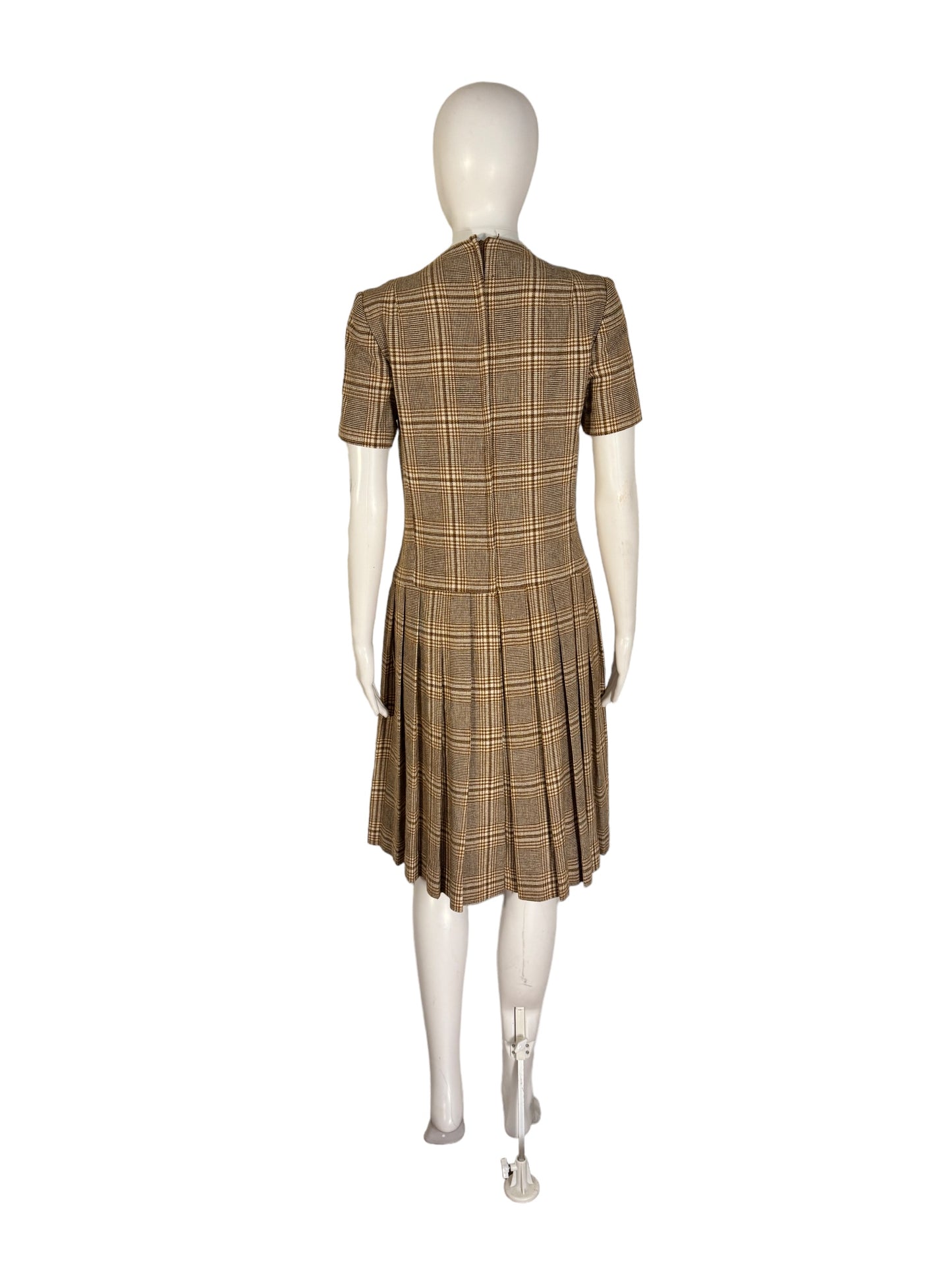 Vintage Pleated Dress Plaid Short Sleeve 1970s Dress