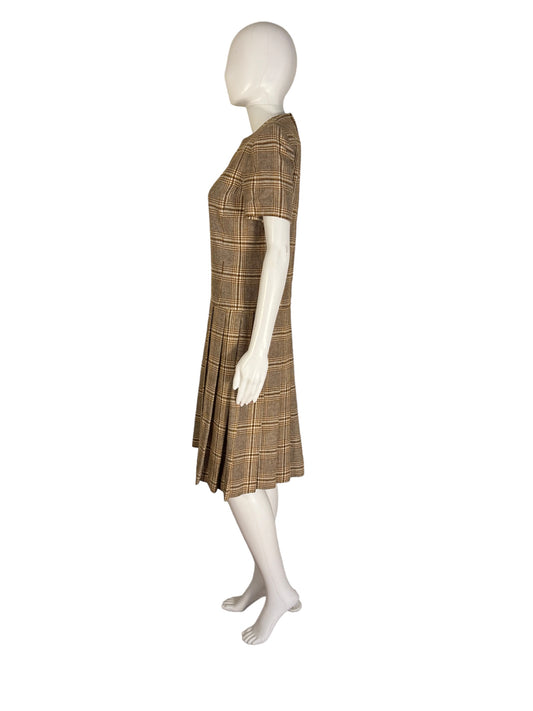 Vintage Pleated Dress Plaid Short Sleeve 1970s Dress