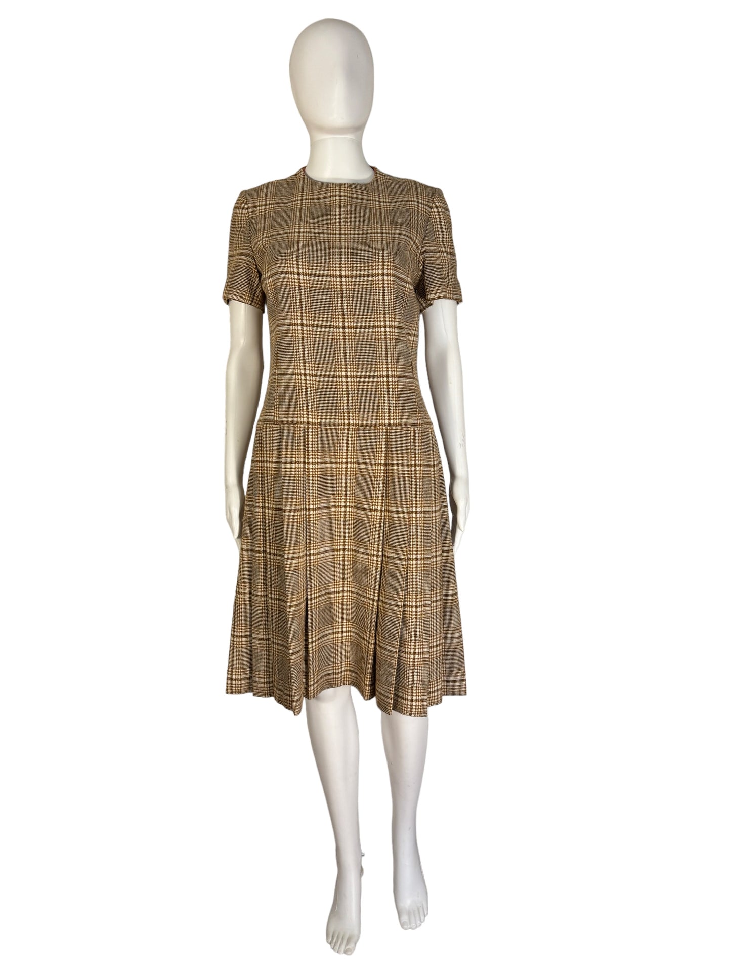 Vintage Pleated Dress Plaid Short Sleeve 1970s Dress