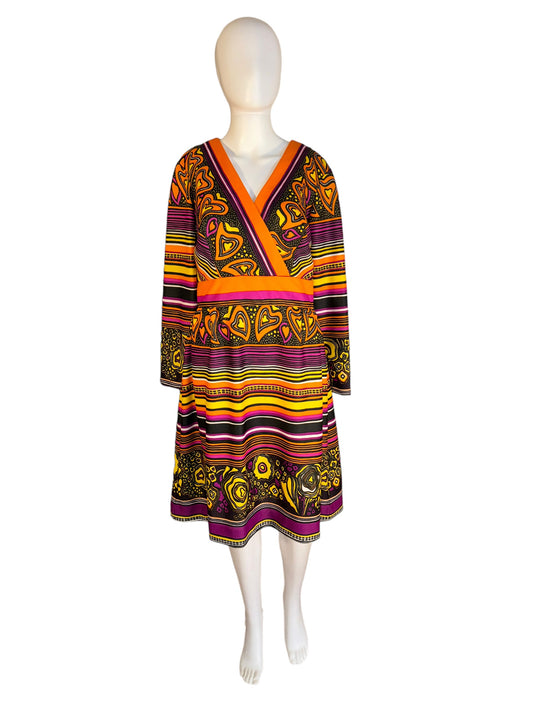 Vintage Psychedelic Dress 1970s V Neck Dress by Sears Fashions