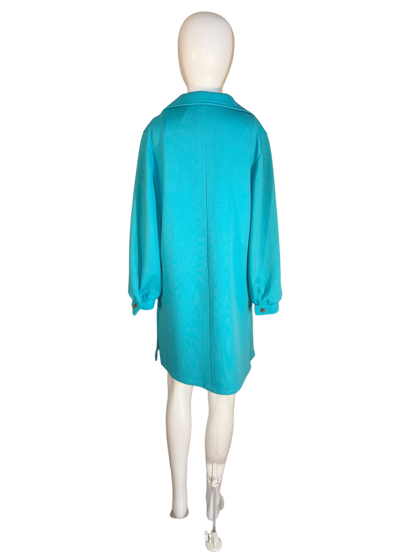 Vintage Wide Lapel Dress Turquoise Hand Painted Mini/Midi Dress 1970s