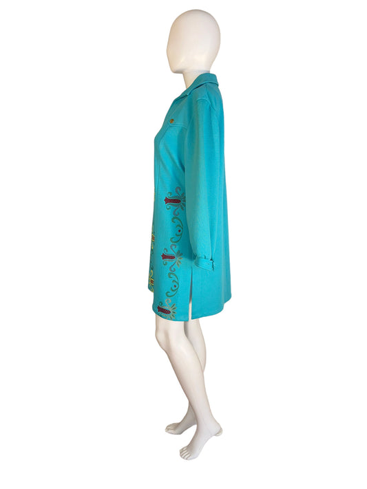 Vintage Wide Lapel Dress Turquoise Hand Painted Mini/Midi Dress 1970s
