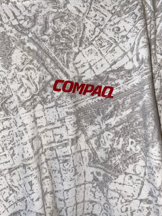 Compaq Computers All Over Print Shirt Latin Globe Script 1990s
