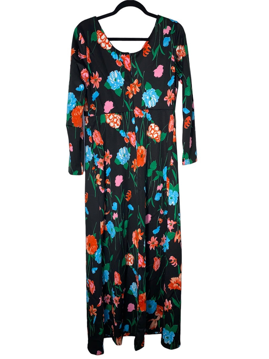 1970s Floral Maxi w Faux Pearl Metal Inlay