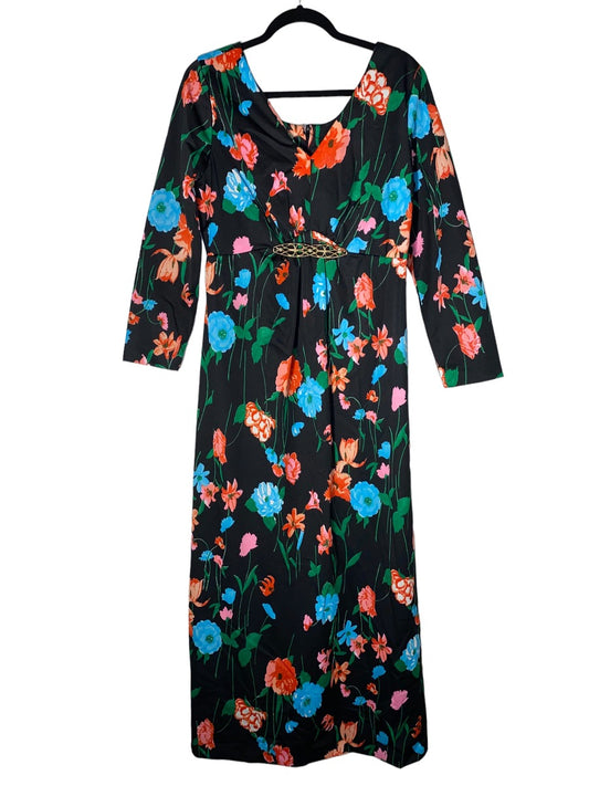 1970s Floral Maxi w Faux Pearl Metal Inlay