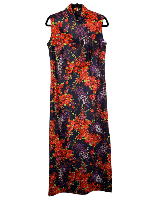 1970s Psychedelic Mandarin Collar Cherry Blossom Dress (L/XL)