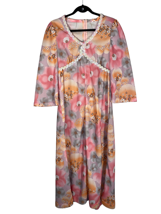 1970s Pastel Print Hippie Maxi Dress (L)