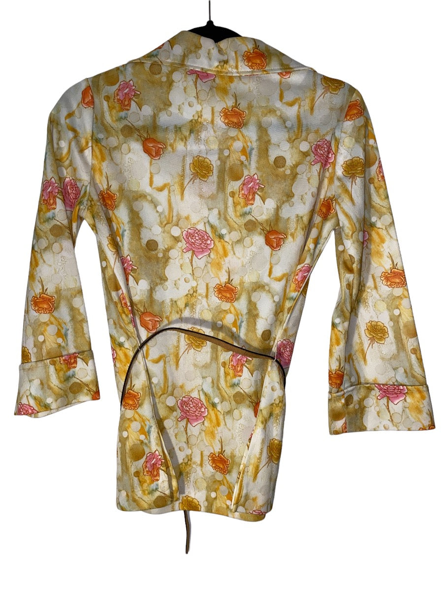 1970s Prince of Dallas Watercolor Flowers V Neck Long Sleeve