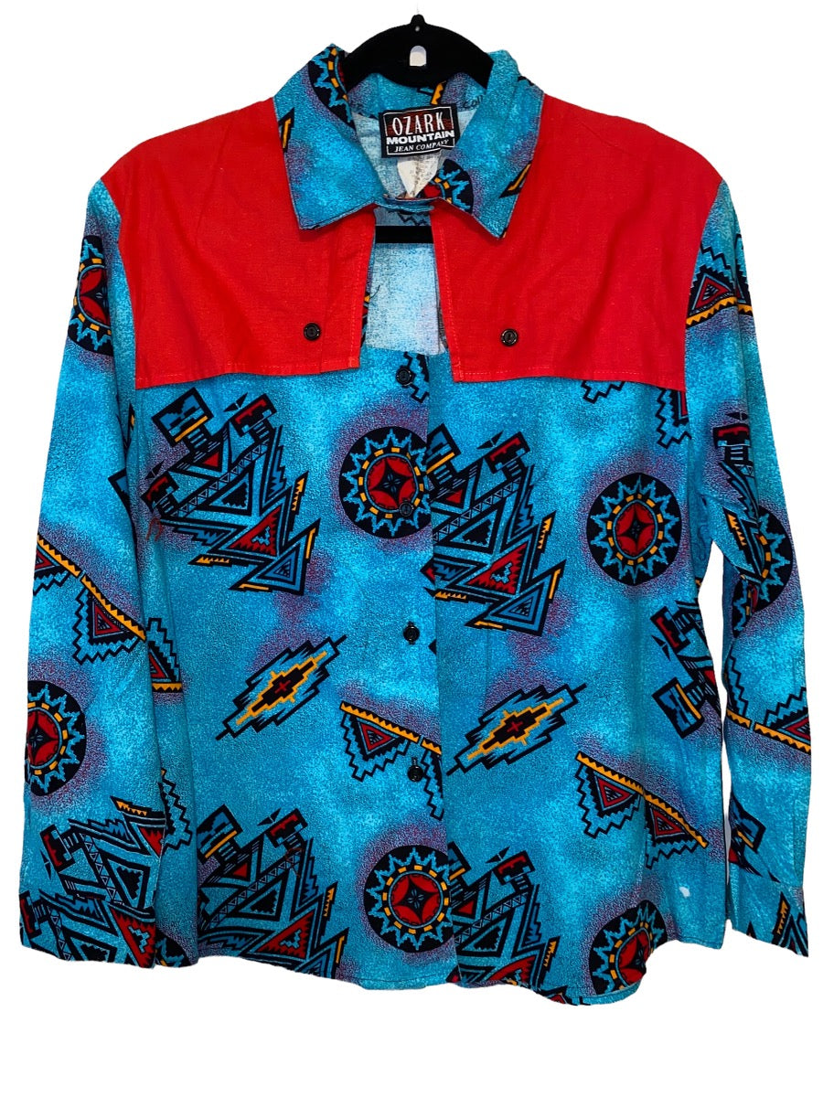 1990s Womens Western Shirt Navajo Print w Keyhole